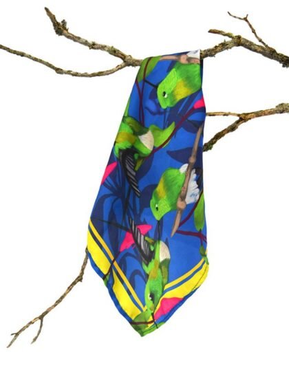 Pañoleta Colibri cola de raqueta colombiana colgada en una rama